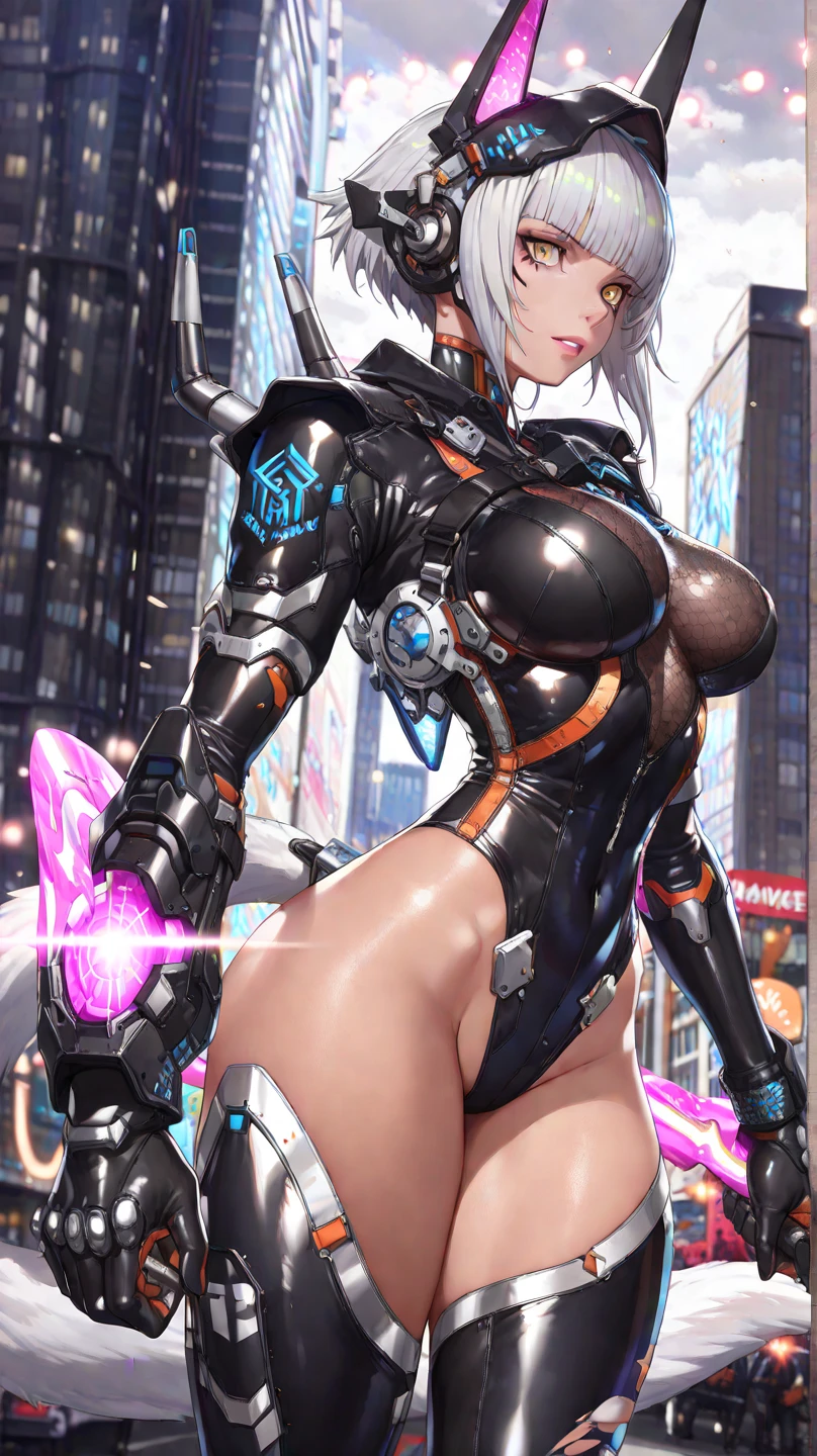 (1 mature robot girl,Age 35), ((Pub,guild)),(smile),Dynamic pose,Dynamic Angle,Pose for a photo,From below,Elderly woman、Trading Card Game Frames、Highest Rare、Five Fingers、Signature mark、Big Butt、White Hair、Android、Robo joint