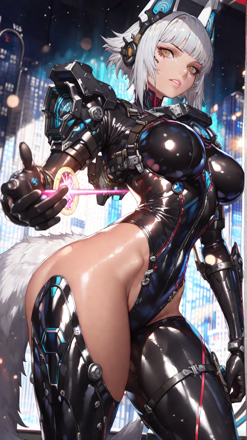 (masterpiece, best quality), futuristic, steelpunk, pastel goth, pastel gas mask, intricate tactical techwear, neon accents, fashionable, stylish, perfect slim fit body, big breasts, asymmetrical bangs, massive thighs, massive breasts, standing pose, legs spread, masturbating, POV viewer looking directly up at her genitals from below, POV being grabbed, hyper close up, NSFW, explicit, sweating heavily, renamon, contrapposto, dynamic lighting, black sclera and glowing teal iris, full latex suit, sweat everywhere