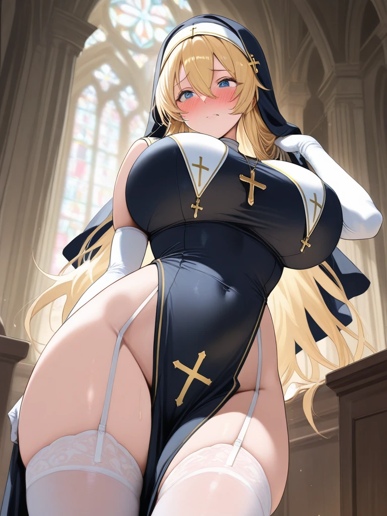((masterpiece, best quality)), (1girl), ((mature female)), nun, (big breasts), blonde hair, upshirt, underboob, <lora:upshirtUnderboob_v10:1>, (nuns clothing), curvy, wide hips, confused, thigh strap, in the castle, medieval,