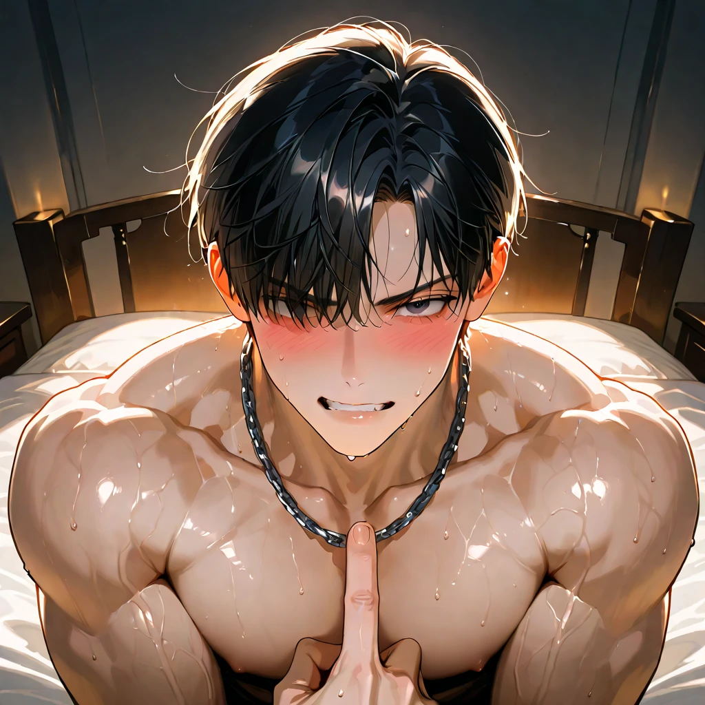 ultra-detailed, masterpiece, best quality, highres, extremely detailed, nsfw, (solo shoot:1.5), (1boy:1.5), man, (lean guy:1.5), short hair, work clothes, open shirt, bottomless, torn clothes, drunk, (restrained:1.5), shackles, gagged, (excessive cum on body:1.5), strobe lighting, spotlight,