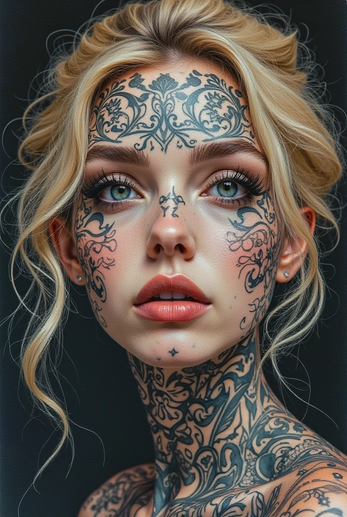 a woman with elaborate tattoos, detailed facial features, flowing hair, beautiful eyes, full lips, dramatic lighting, moonlight, photorealistic, masterpiece, high quality, ultra-detailed, 8k, hyper realistic, cinematic lighting, sensual, voluptuous figure, intricate tattoo designs, beauty, ethereal, mesmerizing