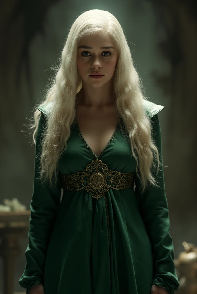 28 Jahre,a beautiful young woman, (long white braided hair), hogwarts haus Slytherin, long green coat, naked big round, (bare breasts), , erregt, feuchte Haut, green snake chain around the neck, Hogwarts im Hintergrund, holds green fire in his hand, Hand burns green,