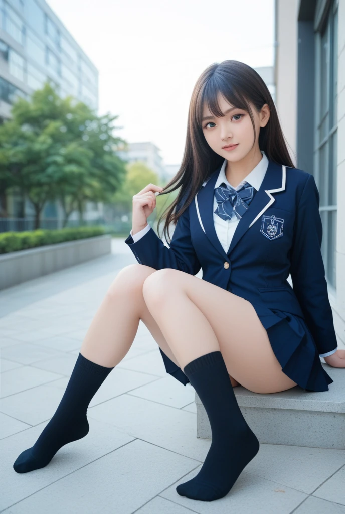 Super fine、8k、muste piece、(RAW photo:1.4)、High resolution、((Composition away from the subject))、((Full body photo from face to ankles))、((perfect anatomy:1.1))、school classroom scene、detailed skin、glowing skin、double eyelid、long eyelashes、Moist eyes、natural makeup、baby face、small face、smile、open your mouth、face forward、She is on her desk at school、((Boldly spread your legs and open your thighs、Squat with your knees bent))、Realistic、14 year old junior high school girl、I was waiting alone、(、slender and delicate body、small breasts)、Blazer uniform with green lines、girls school uniform、Ribbon tie、plaid skirt、Full body Esbian、young female teenager、black tights、black tights、Black Knee High Socks、brown loafers、full body shot、Emphasizes a fairly slender thigh line、(detailed five fingers)