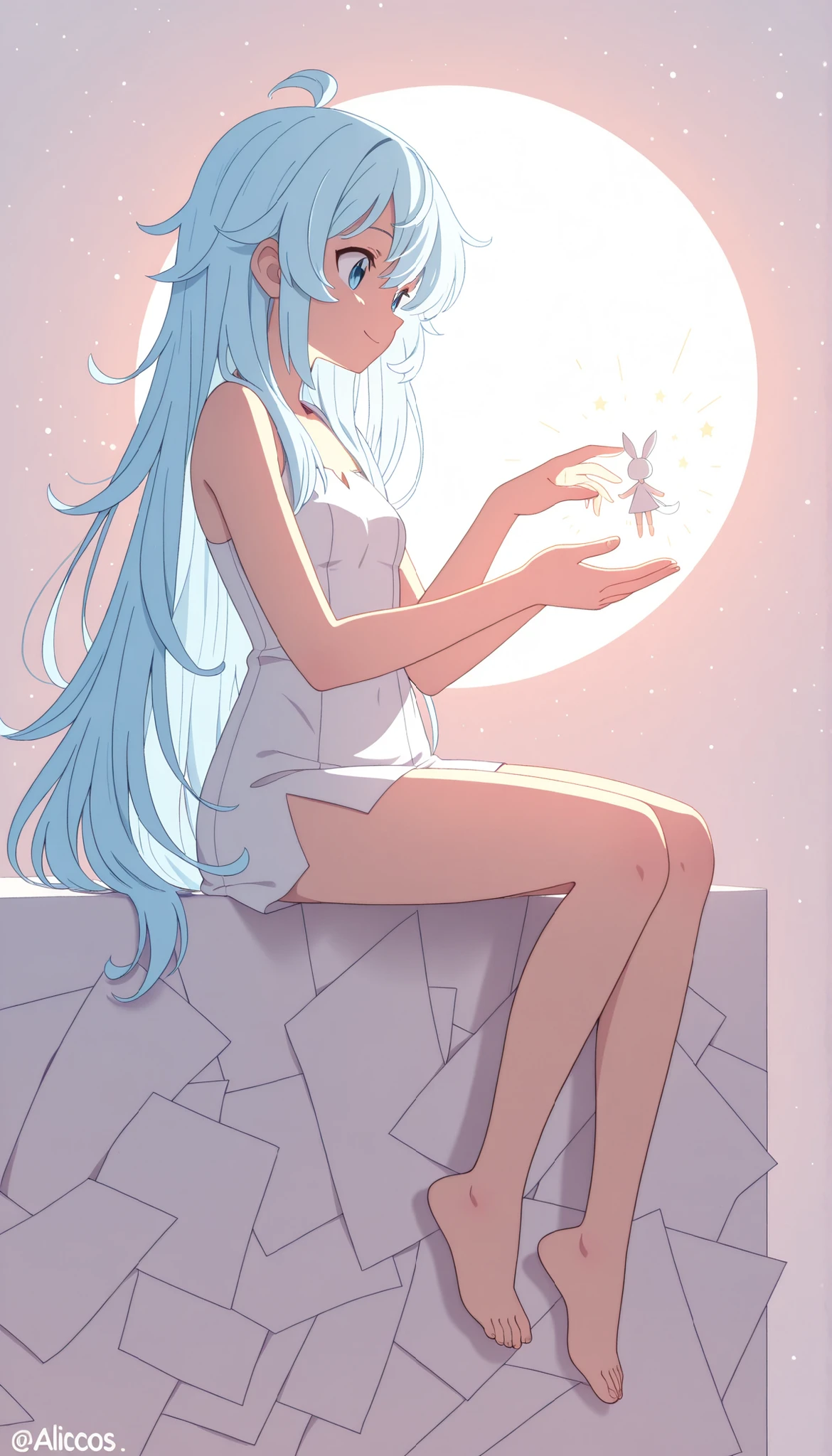 (masterpiece:1.2), (top quality:1.2), super high resolution, very detailed, perfect lighting, Light Blue Hair, Semi-long, unkempt hair, Smile Yan, otherworldly fantasy, cute, pastel color, Flat Paper Cutout , anime style illustration,anime illustration, white background, paper cut, ALISCOS , 1 person, Full Body, sitting, Illustration with an ocean motif