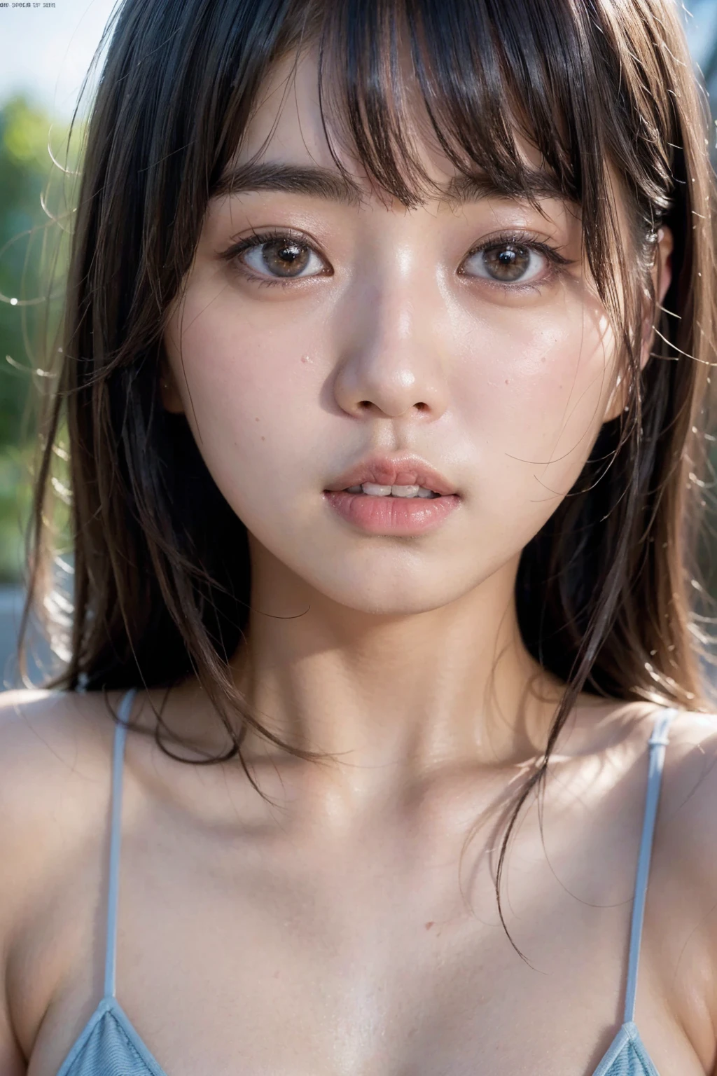 ((((masterpiece, best quality, high resolution)))), Extremely detailed 8K, Beautiful girl with voluptuous body, (Ultra HD, Ultra-detailed, Highly detailed, Highly realistic, Ultra-realistic, photograph realistic), (1girl:1.5), (Realistic white hair), short wavy black hair, bob cut, (dynamic poses), facing at camera, light smile, purple eyes, average ???????, (beautiful detailed face, beautiful detailed eyes), (white tank top, thin material), cleavage, dark jean shorts, glow, sweat, (sunbeam, sunlight)、Fishnet tights