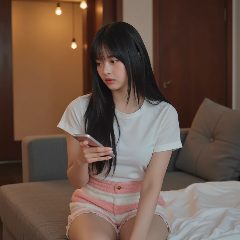 photorealistic image of a woman, ultrarealistic, photography, straight black hair, indonesian woman, small breasts, double eyelids, small messy bedroom, white shirt and tartan short pants
