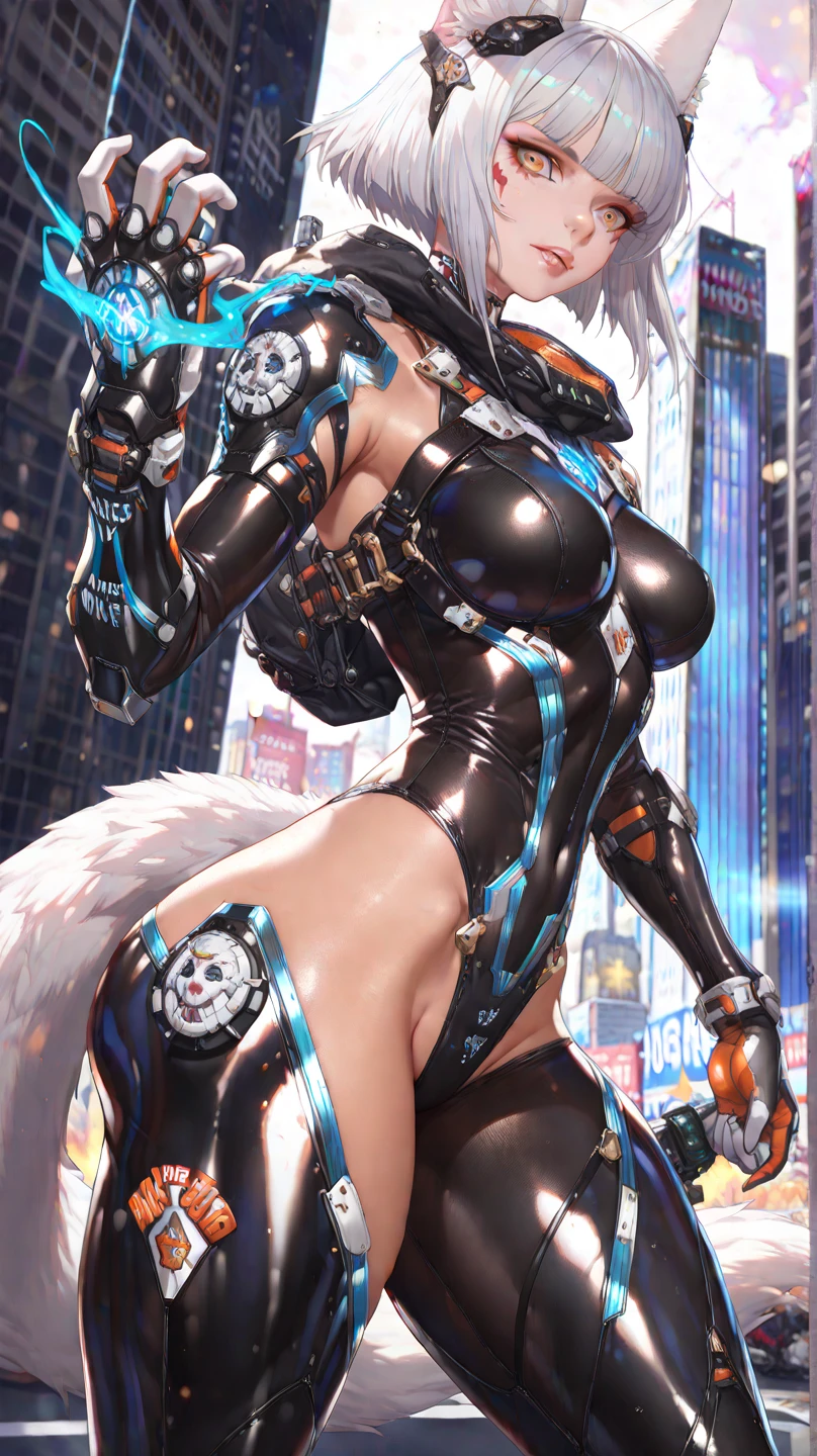 (masterpiece), (best quality:1.4), (perfect anatomy:1.4), high quality, expressive eyes, full body, tall girl, detailed face, beautiful face, perfect face, breasts, cleavage, gloves, large breasts, cyberpunk, (black armor), long hair, ((tanned skin)), straight hair, detailed (ash gray hair), detailed eyes, (yellow eyes), fox ears, fox tail, curvy, bodysuit, thick thighs, toned, emblem, superhero, dynamic lighting, 4k resolution, dynamic pose, fortified suit, mechanical parts, headgear, robot joints, bodysuit, deva battle suit, gloves,