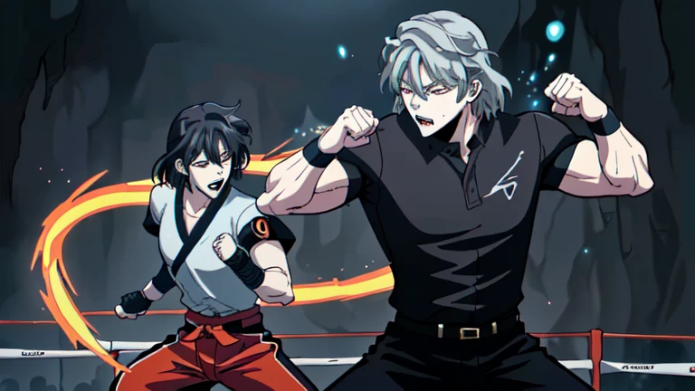 masterpiece, best quality, 2boys, black hair, adam blade_140, 1boy, black jacked, glasses, pants, muscle, open mouth, white hair, sun glasses, choker, <lora:adam blade 140:0.6>, fighting, from behind,