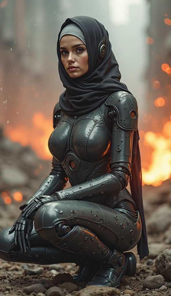 Draw a picture of a woman wearing a black hijab with large breasts poking out in a large futuristic robot suit. The robot is dominated by white and black and is equipped with a large cannon on its right arm that emits bright gold explosions. The background should depict a dramatic scene with lightning in the sky and burning buildings, showing an intense battle scenario, the '3DBangroma' logo.