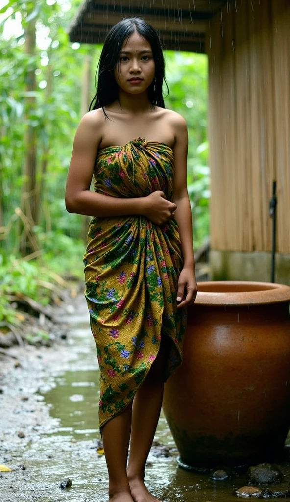 Photorealistic Image of two Beautiful half naked Indian woman wearing a saree, taking bath in river Photorealistic image of a beautiful Indian woman with sun-kissed skin and long, black hair tied in a loose bun. She wears a simple yet elegant cotton saree. The woman stands knee-deep in the clear, flowing water of a river, gently scooping water with a brass pot and pouring it over her head. Her eyes are closed in serenity, and a peaceful smile rests on her lips. Background: Lush green hills bordering the river, with the rising sun casting a warm glow on the scene. Camera: Medium shot, 50mm lens, slightly off-center view. Render: High resolution, detailed, natural light, soft focus on background. Big , thick, lip kiss 