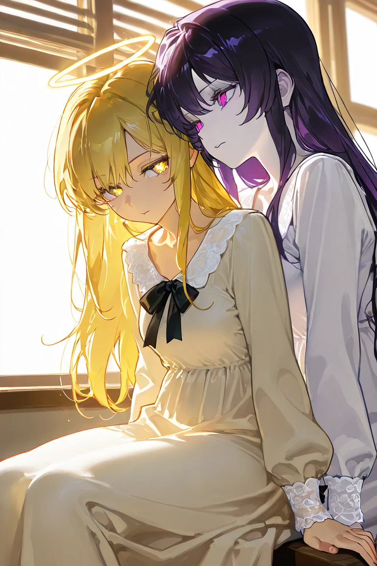 masterpiece, best quality, highres, 2girls, shiina mahiru, kubo nagisa, sleeping, hug, lying, on bed, bed sheet, bedroom, camisole, from above, dutch angle, upper body