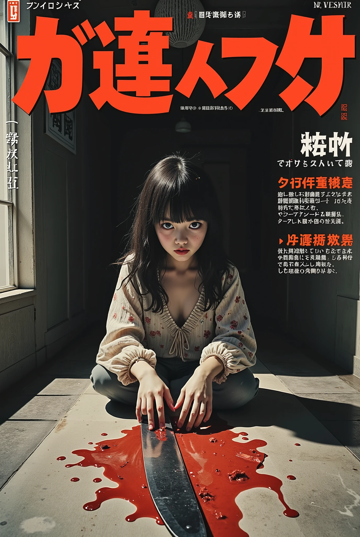 Vintage horror magazine cover, monochrome style, petite Japanese girl, appearing malevolent, squatting in a dark hallway or confined space, central subject. Her expression is one of quiet twisted evil, vacant stare on her pale face. She wears a loose, patterned, light-colored blouse with a light, delicate floral/lace pattern, vintage style. Body language indicates an introverted posture, hands forming a strange cryptic mudra or symbolic hand gesture. A large, bloody knife is laying on the floor in a pool of blood, and it is angled to emphasize the sense of imminent danger. severed human body parts are scattered on the floor, in a pattern. The image's composition is centered on the terrified girl, knife as secondary element of horror. The lighting is dramatic and casts deep shadows, accentuating the tense atmosphere. The magazine's title, is a Japanese term for horror or fear is prominent and stylized. A sense of unease, dread, and horror is evoked. Vintage horror poster style, Japanese magazine cover. The color palette is lurid and garish, with a few muted tones of red and gray for the bloodstains. The overall texture of the image is reminiscent of a printed photo or poster of the period. Text and typography are detailed, giving a strong sense of the era. The perspective is a slightly high-angle shot emphasizing the girl's posture and the doll, adding to the feeling of threat and vulnerability. The background includes additional text and Japanese characters, adding depth and contextual information to the image. --60s vibe, — NSFW, —, erotic, detailed, white panties, can see up her robe, , sexual vibe,blue and green grungy back lighting, vivid and lurid colors, cinematic lighting, fumetto style, Frazetta, Steranko, porno pinup style, perfect anatomy, masterpiece, HD, 8x, "anatomically correct human" "realistic proportions" "natural human pose" "full figure, accurate anatomy" "correct fingers and joints"