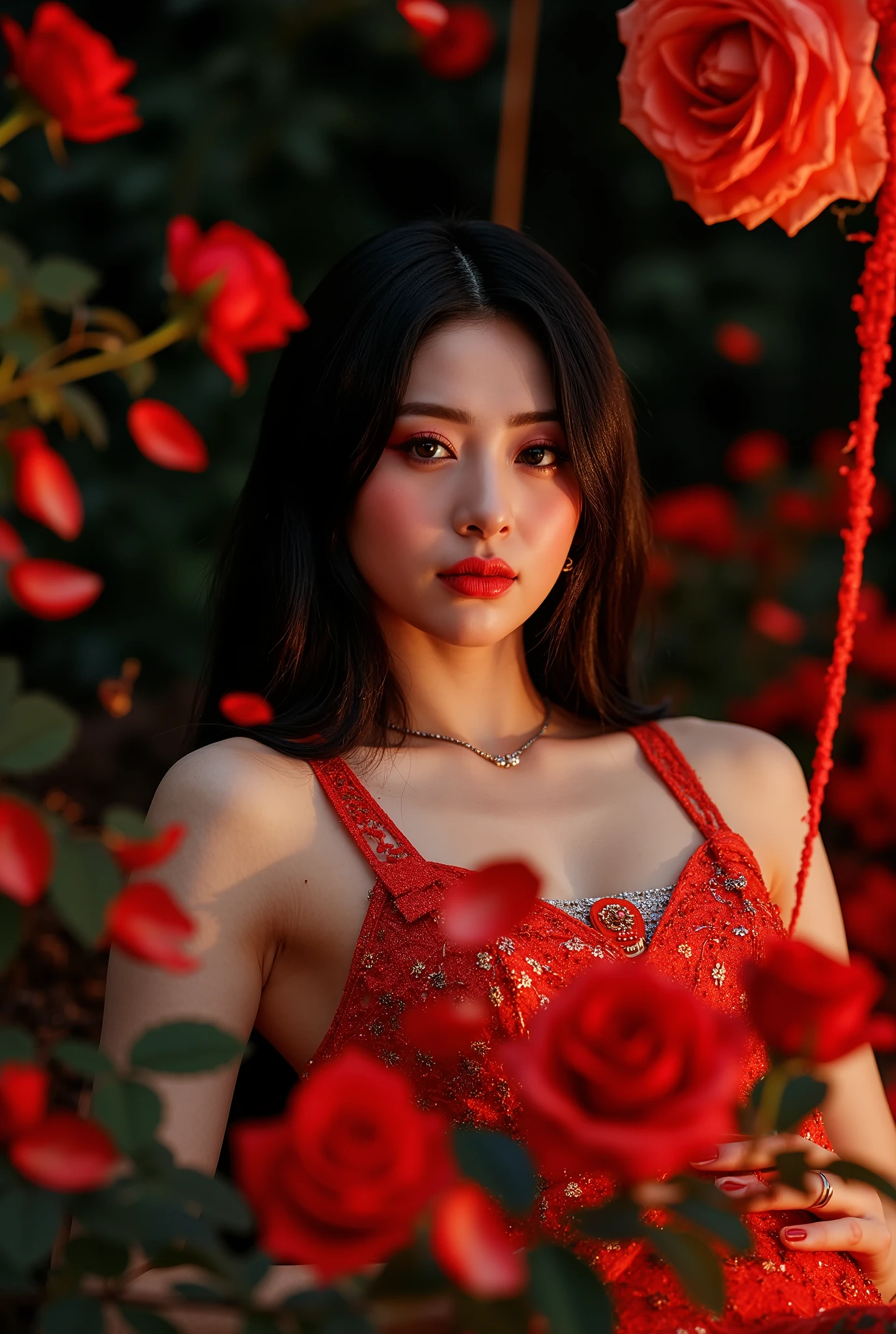 An award-winning high-quality, realistic professional image of An award-winning high-quality, realistic professional photograph, An Asian Princess Sexy in the darkness of night- in the style of light orange and dark aquamarine, exaggerated facial features, subtle, earthy tones, light white and dark red, Sensual, Exotic, Red Roses, Petals, romantic colors, volumetric lighting, dark green and light brown