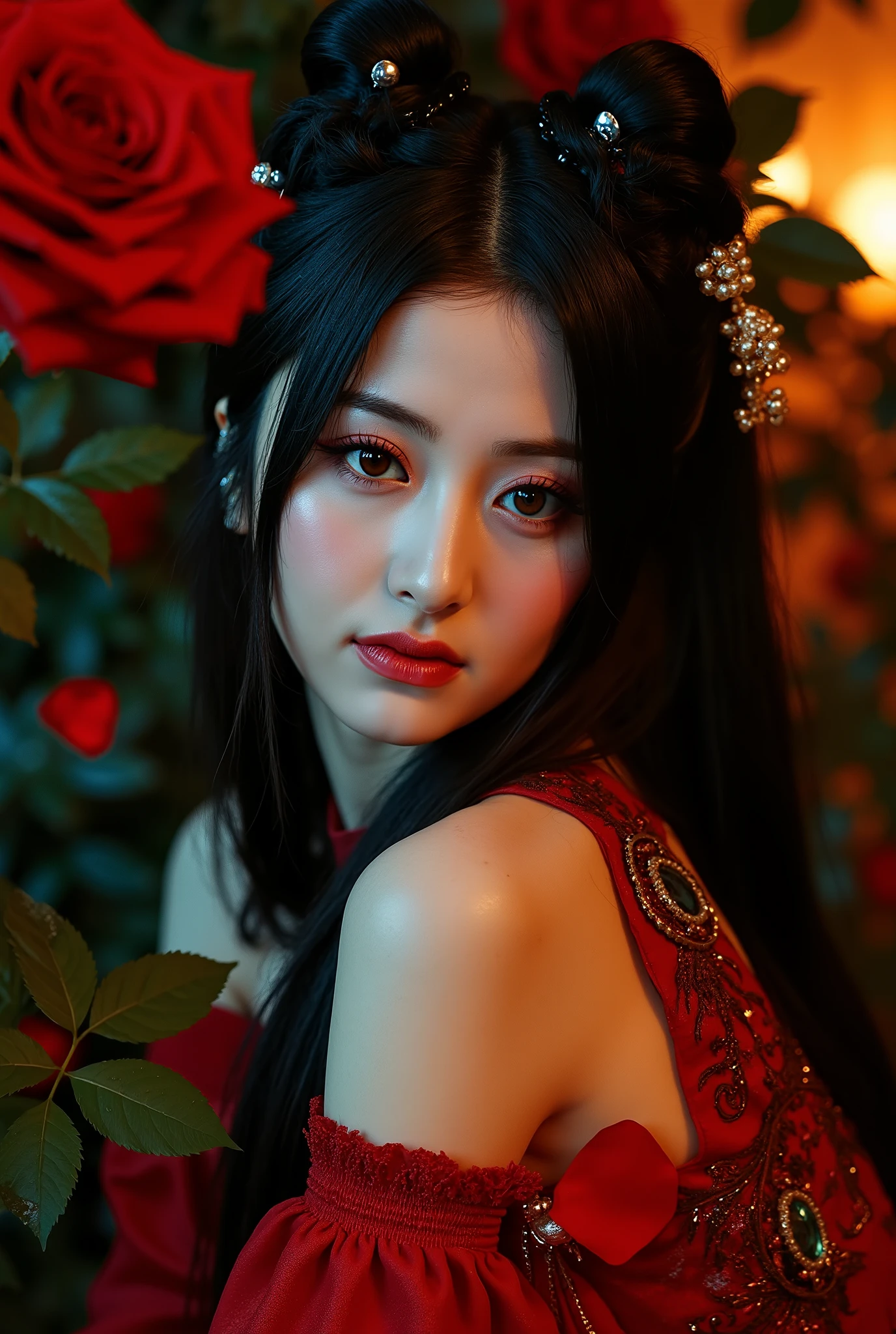 An award-winning high-quality, realistic professional image of An award-winning high-quality, realistic professional photograph, An Asian Princess Sexy in the darkness of night- in the style of light orange and dark aquamarine, exaggerated facial features, subtle, earthy tones, light white and dark red, Sensual, Exotic, Red Roses, Petals, romantic colors, volumetric lighting, dark green and light brown