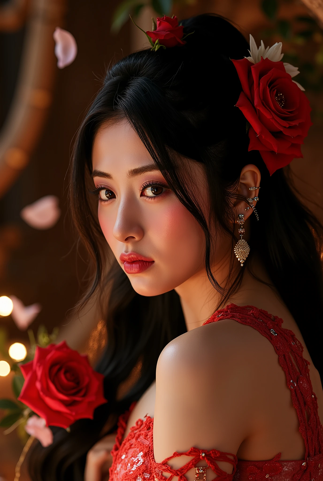 An award-winning high-quality, realistic professional image of An award-winning high-quality, realistic professional photograph, An Asian Princess Sexy in the darkness of night- in the style of light orange and dark aquamarine, exaggerated facial features, subtle, earthy tones, light white and dark red, Sensual, Exotic, Red Roses, Petals, romantic colors, volumetric lighting, dark green and light brown