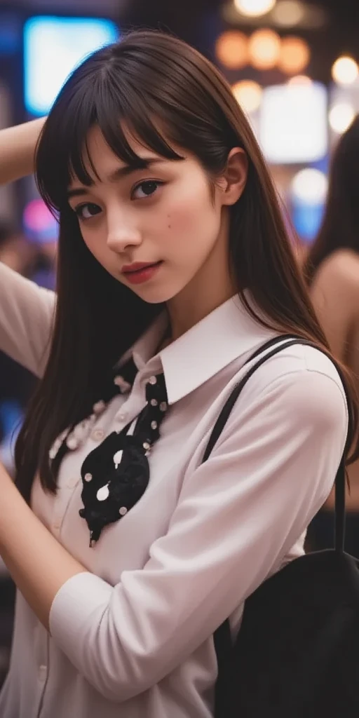 1girl,(wearing a pastel color blouse:1.2),(RAW photo, best quality), (realistic, photo-realistic:1.4), masterpiece, an extremely delicate and beautiful, extremely detailed, 2k wallpaper, Amazing, finely detail, extremely detailed CG unity 8k wallpaper, ultra-detailed, highres, soft light, beautiful detailed girl, extremely detailed eyes and face, beautiful detailed nose, beautiful detailed eyes,cinematic lighting,city lights at night,perfect anatomy,slender body,smiling <lora:satohinata_lora:0.8>