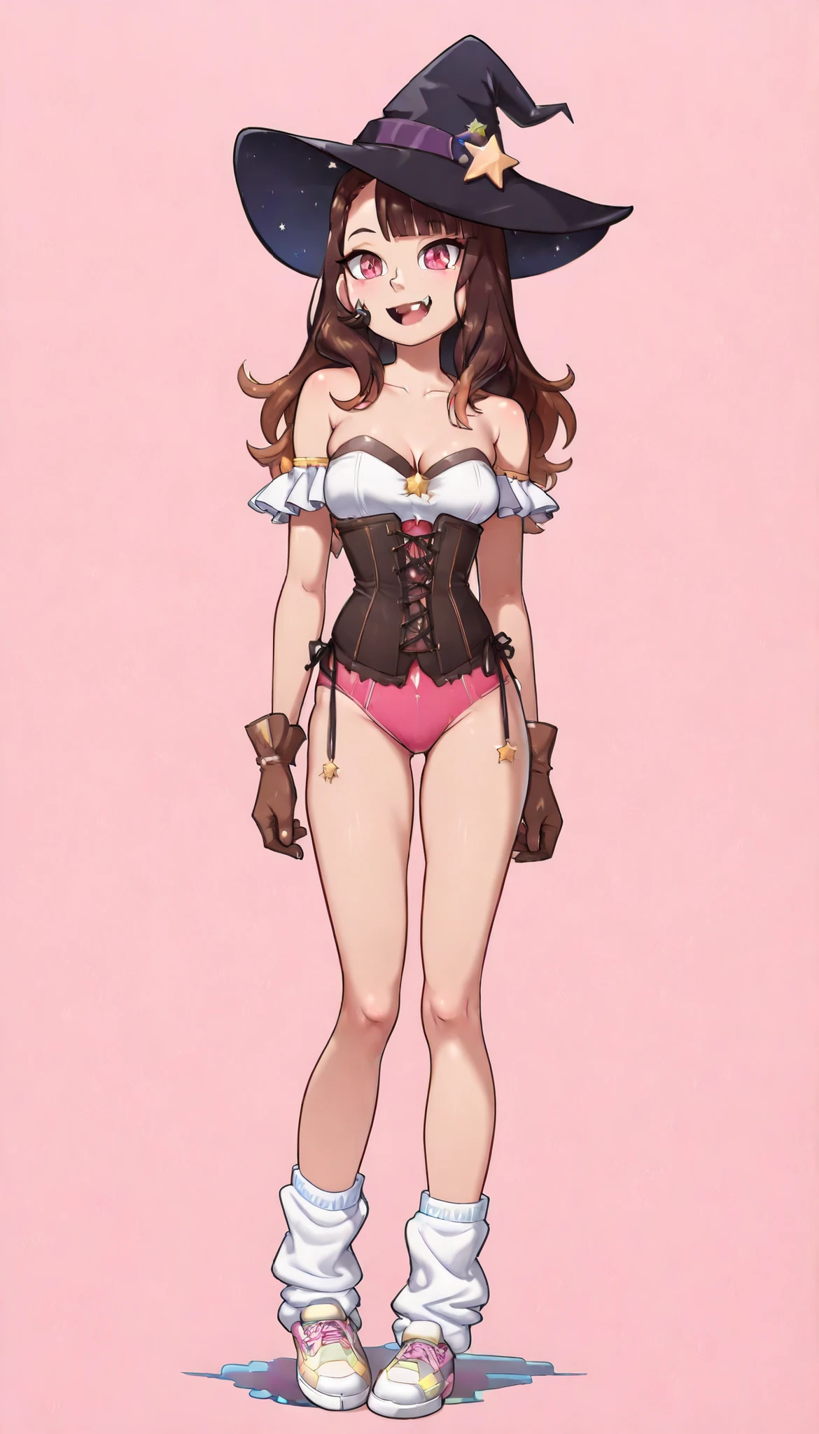(((high quality))), (simple background), single, full body, standing, 1girl, witch hat, long hair, side bangs, brown hair, Pink gradient hair, Red Eyes, dressed with ruffles, bare shoulders, mangas cortas, corset, Gloves, loose socks, , star (symbol), happy, Fang outside ,
