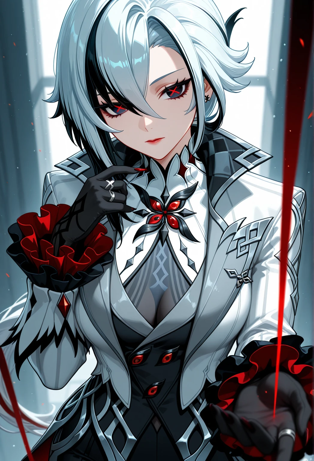 (score_9, score_8_up:1.1), 1 girl, solo, Arlecchino, def clothes, 1girl, x-shaped pupils, red pupils, black gloves, pants, symbol-shaped pupils, multicolored hair, black hair, white hair, arrogant, looking_longingly, seductive, sexy_woman, black background, pin-up, beautiful, contrast, impressive, beautifuly, realistic <lora:Expressive_H-000001> expressiveh <lora:sinfully_stylish_SDXL> <lora:Concept Art Twilight Style SDXL_LoRA_Pony Diffusion V6 XL:0.8> <lora:Arlecchino-pony-Tanger:0.7>