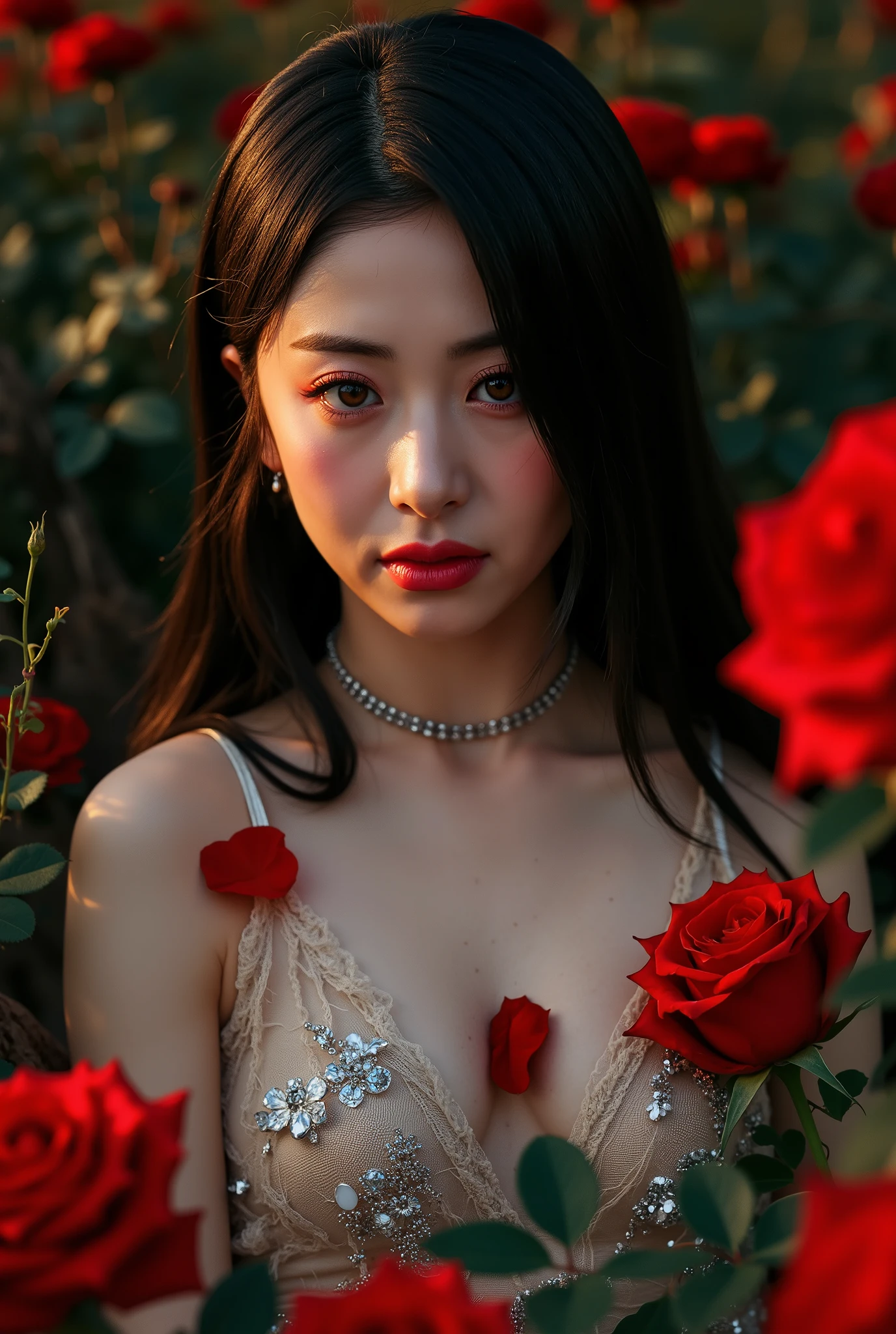 An award-winning high-quality, realistic professional image of An award-winning high-quality, realistic professional photograph, An Asian Princess Sexy in the darkness of night- in the style of light orange and dark aquamarine, exaggerated facial features, subtle, earthy tones, light white and dark red, Sensual, Exotic, Red Roses, Petals, romantic colors, volumetric lighting, dark green and light brown