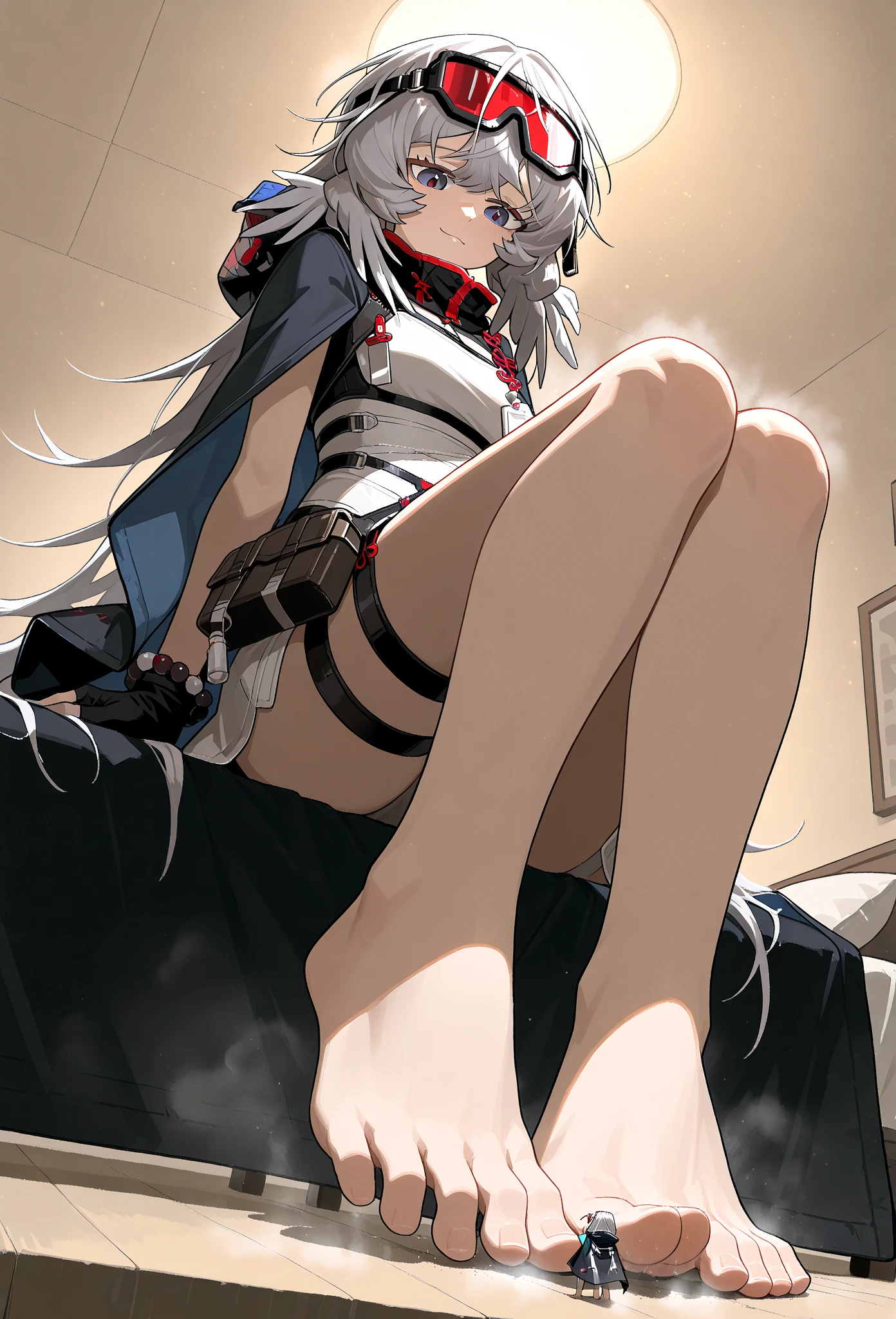 Elf, Silver Hair, In the torture chamber, Lying on an iron bed and crucified, school uniform, White shirt, skirt, Open your mouth, Raise your hands, Crying face, Small breasts, A large iron collar with spikes and handcuffs, Spread your legs