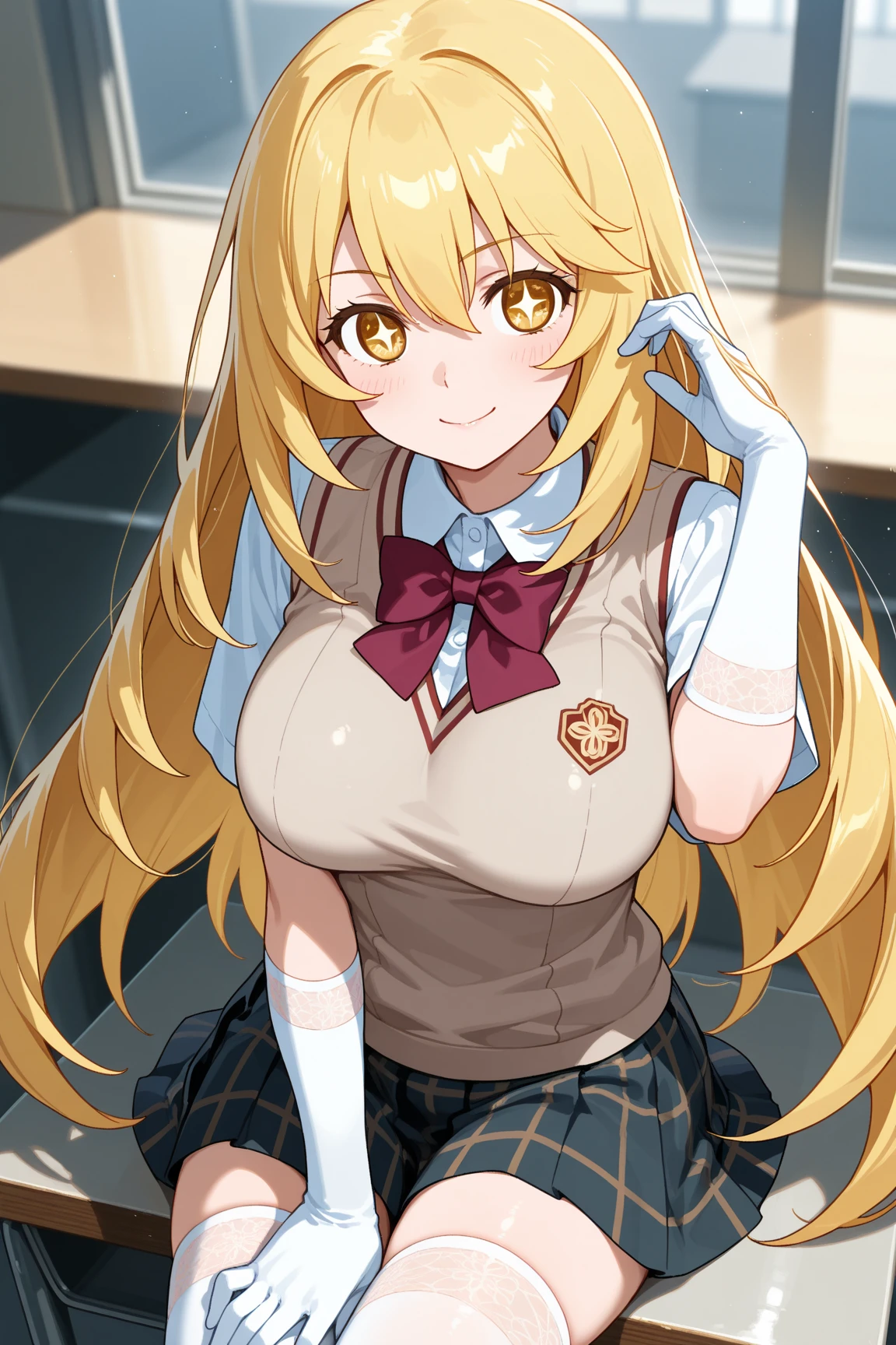 masterpiece, best quality, highres, hmmisaki, long hair, symbol-shaped pupils, +_+, large breasts, tokiwadai , sweater vest, short sleeves, white gloves, elbow gloves, pleated skirt, white thighhighs, smile, open mouth, leaning forward, indoors