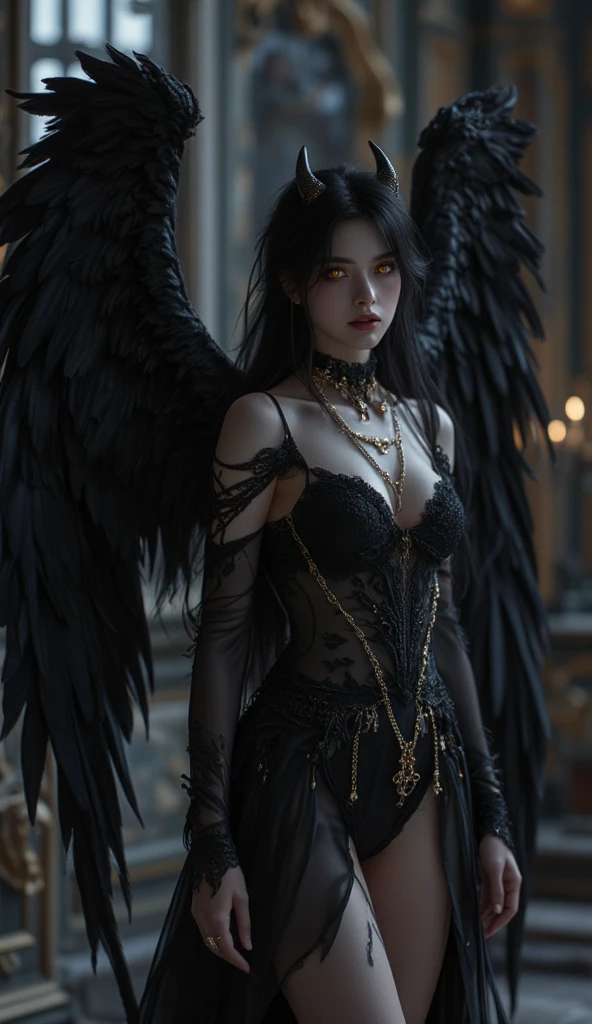 1fullbodyimage of a extremely cute Japanese young woman with albino skin and flowing hair, in a black and silver miniskirt outfit with black wings wielding a katana, Beautiful round breasts, Glossy lips, Perfect abs, (Perspectiveal), Tight waist, Inner seam, hourglass body shape, navel, Blush, Voluptuous, huge breasts, tight top, beautiful dark angel girl, warrior angel, villainess has black angel wings, angel knight gothic girl, angel in glossy metallic black and silver armor, crown in armour, stuning fantasy 3 d render, angel knight girl, cinematic volumetric lighting, ultra realistic, shot with Sony Fx6, (Glossy albino skin: 0.8), (Masterpiece: 1.4), (Best quality: 1.4), Natural(Big:1.25), Glossy lips, Perfect abs, (Perspectiveal), Tight waist, Inner seam, hourglass body shape, navel, Blush, Voluptuous, huge breasts, tight top, cinematic volumetric lighting