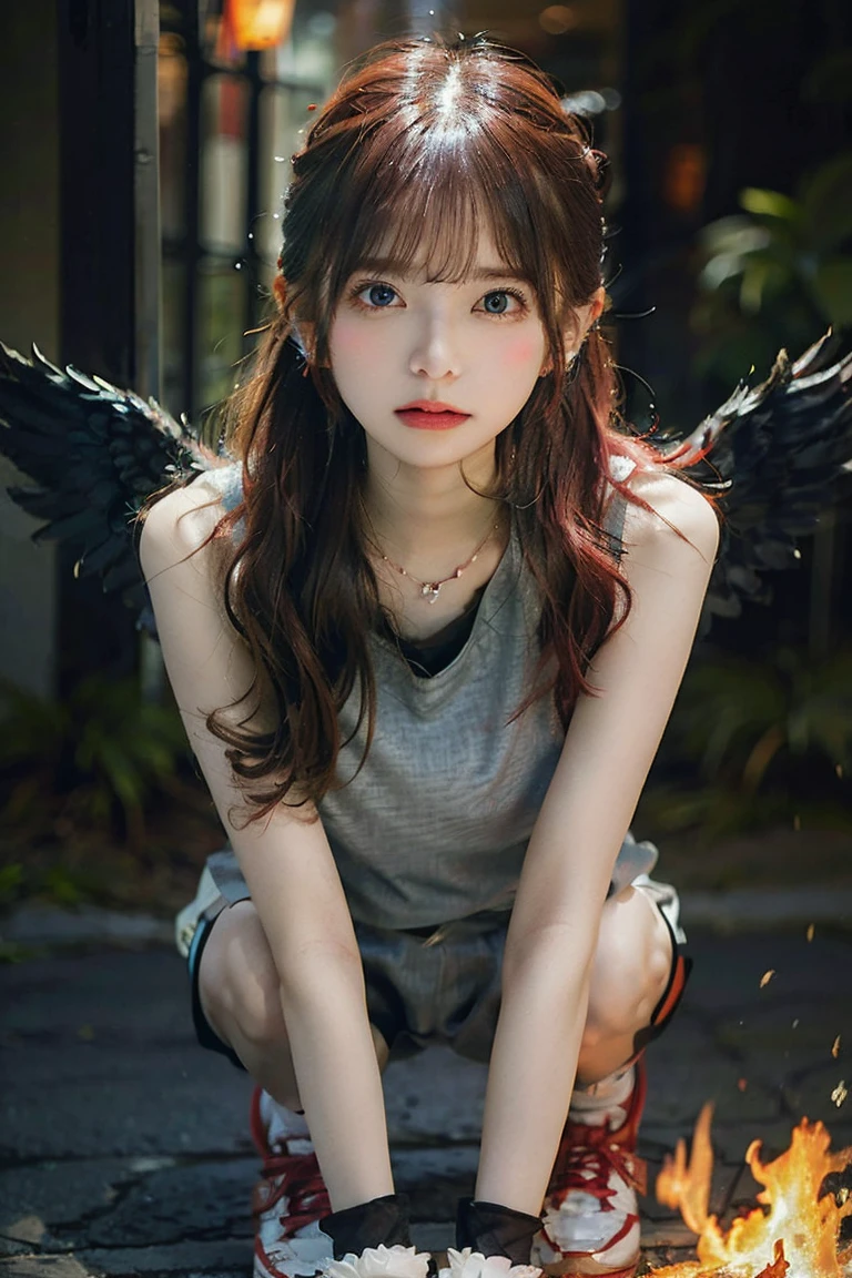 cute an evil girl, (((cute girl))), Creepy girl, red sky, rain, raining, blood, (((angel vs demon))), ((2 girls))