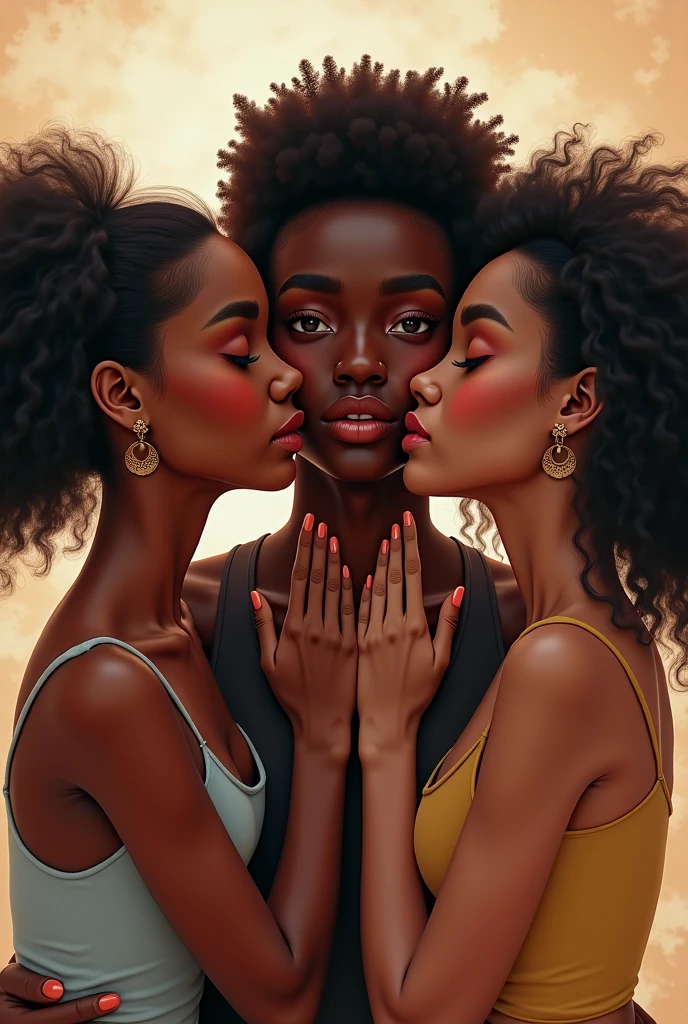 three women sitting under a big wedding table, realistic artstyle, the Black skinned girls knowingly look at each about the sexual adventure they will take their new friend laying on the floor, there are two sets of legs per woman and child seated at the table, the white skinned girl is conservative but aroused, the girls off center are big boned black skinned African girls with medium afro hairstyles, they are holding her and kissing white skinned girl, casual pose, the flanking girls want to kiss the white skinned girl, realistic style, official fanart, realism artstyle, hyperrealistic teen, high quality fanart, background artwork, calmly conversing 8k, realistic art style, relaxed poses, 3 young and beautiful girls, detailed realistic expressions, realistic picture a black skinned girl is kissing white skinned girl's neck, wet and parted lips, align torso with the legs,