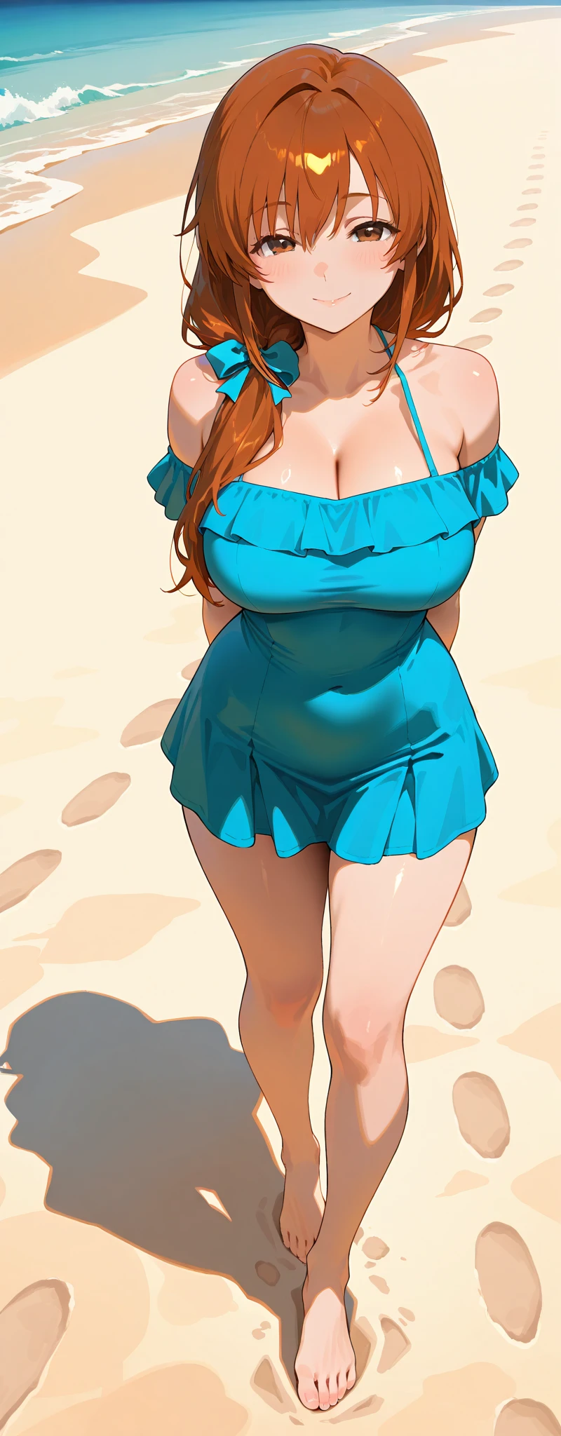 Kate Backinsale, masterpiece, Best quality, cinematic, photorealistic, ultra detailed), (1 girl, American woman), (wide shot, Behind:1.4), (in a transparent sundress with red and white stripes:1.5), (Beach light waves:1.2), perfect hands, perfect face, (wide hips, Long round legs, sexy legs, round ass), (big cleavage, massive natural tits), (Blue eyes, soft and shiny eye shadow, detailed students, Defined eyelashes), (blushing, slightly parted lips, Red lips:1.2), (gradient background:1.3); sitting, legs crossed