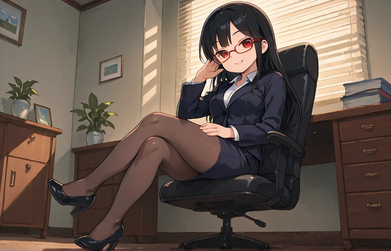 photorealistic, 1girl, city, building, glasses, clock, sitting, white legwear, solo, long hair, black hair, skirt, keyboard (computer), monitor, looking at viewer, hairband, red eyes, jacket, bow, computer, pleated skirt, shirt, no shoes, bowtie, white thighhighs, white shirt, indoors, thighhighs, bangs, long sleeves, black skirt