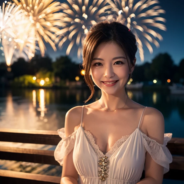 ((Night Scene, Realistic Light, Best Quality, 8k, Masterpiece: 1.3)), 1 Girl, Slim Body Beauty: 1.4, Brown Hair, (Big: 1.3), Off Shoulder Cut Top: 1.3, Ultra Detailed Face, Detailed Eyes, Double Eyelids, Disneyland, Fountain, Castle, Fireworks, Smile, Cleavage, Saggy