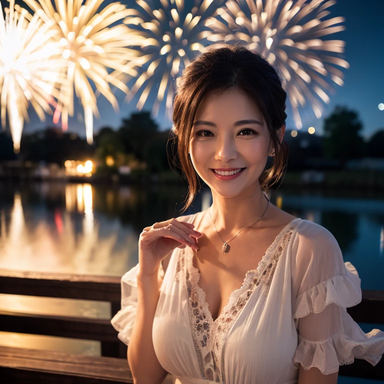 ((Night scene, Realistic light, Best quality, 8K, Masterpiece: 1.3)), 1 girl, Slim Body Beauty: 1.4, Brown hair, (: 1.3), Off-shoulder cut top: 1.3, hyperdetailed face, Detailed eyes, Double eyelids, Disneyland, fountain, Castle, Fireworks, Smile, cleavage, flabbiness