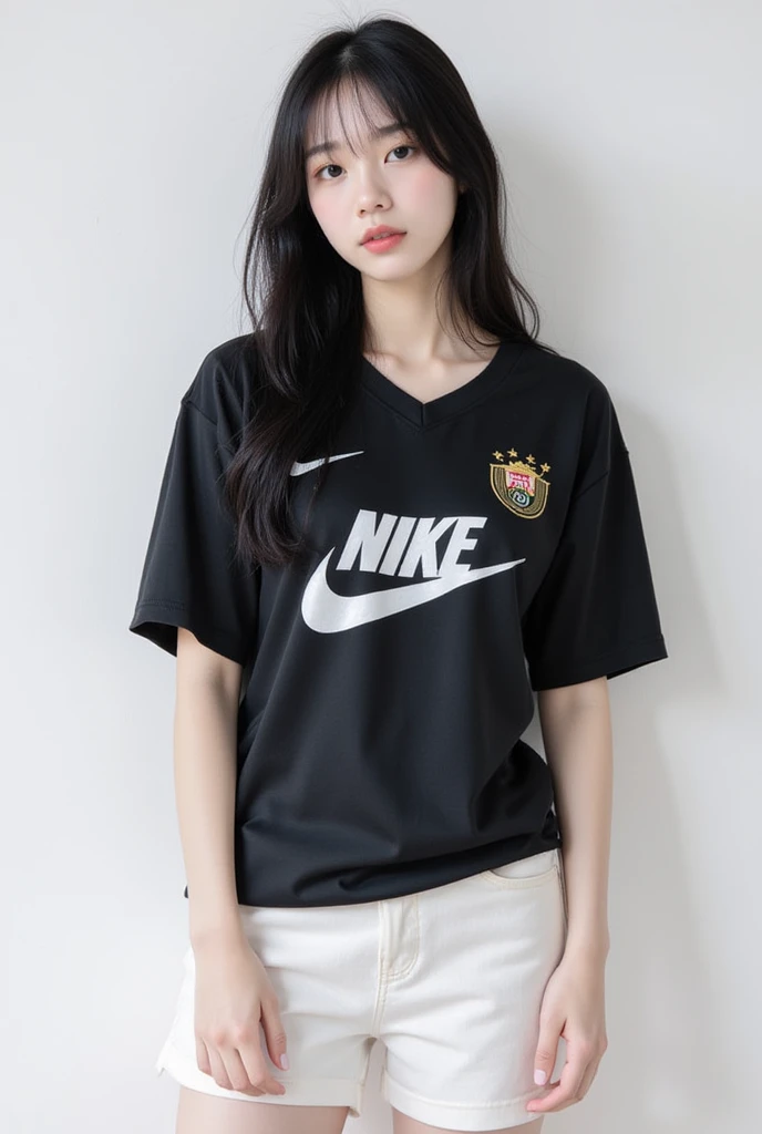 Arabe belle fille,At home,T-shirt Nike blanc oversize, skin a little dark, sexy pose,dynamique, expression mignonne,instagram pose, cheveux longs, Realistic ulra,