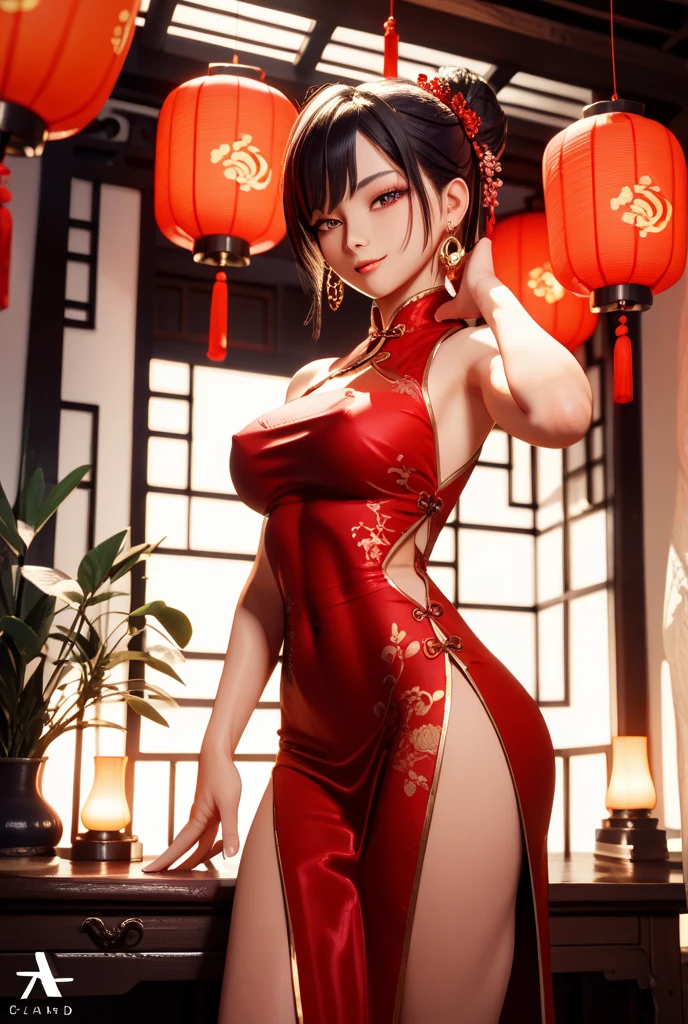 1girl,Nanami,Relax,(Wearing Chinese dress),(((in dubai))),Jewelry,slightly parted lips, lewd smile, red lips,huge breasts,Charming cleavage,((8k, RAW photos, top quality, masterpieces), high-definition RAW color photos professional close-up photos), (realistic, photorealism: 1.37), (highest quality), (best shadows), ((erotic, sexy), ultra high resolution, high-definition CG unified 8K wallpapers, physically based rendering, movie lighting),