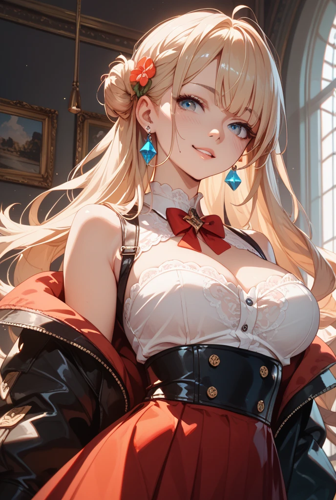 (masterpiece, best quality), (detailed and beautiful eyes), (detailed eyes and detailed face), (beautiful and clear background), (extremely detailed CG, super detailed, best shadows), (( depth of field)), beautiful conceptual illustration, (illustration), (extremely delicate and beautiful), (perfect detail) a sexy woman wearing a skirt and white blouse with a giant tit hanging in her 1girl, breasts, solo, cleavage, blue eyes, large breasts, looking at viewer, blonde hair, smile, ponytail, long sleeves, blush, closed mouth, bangs, corset,uhd,8k