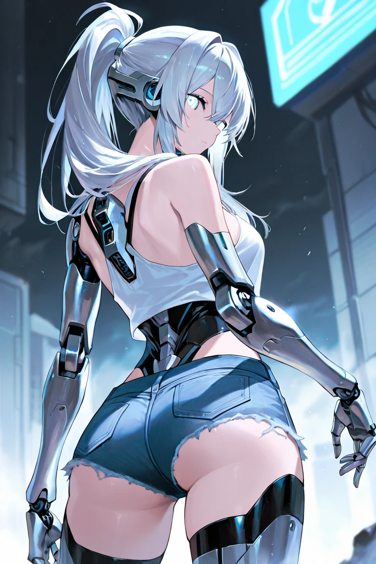 chenxingS, bikini, short_shorts, thigh_strap, around_waist, see-through, bandaged_body, asymmetrical_elbow_gloves, fingerless, headgear, earrings, white_hair, long_hair, grey_eyes, id_card, armlet, watch, 1girl, solo, from_behind, standing, cowboy shot, looking at viewer, living_room, window, day, dappled sunlight, (masterpiece,best quality,beautiful and aesthetic:1.2), <lora:chenxingS-v2:0.7>