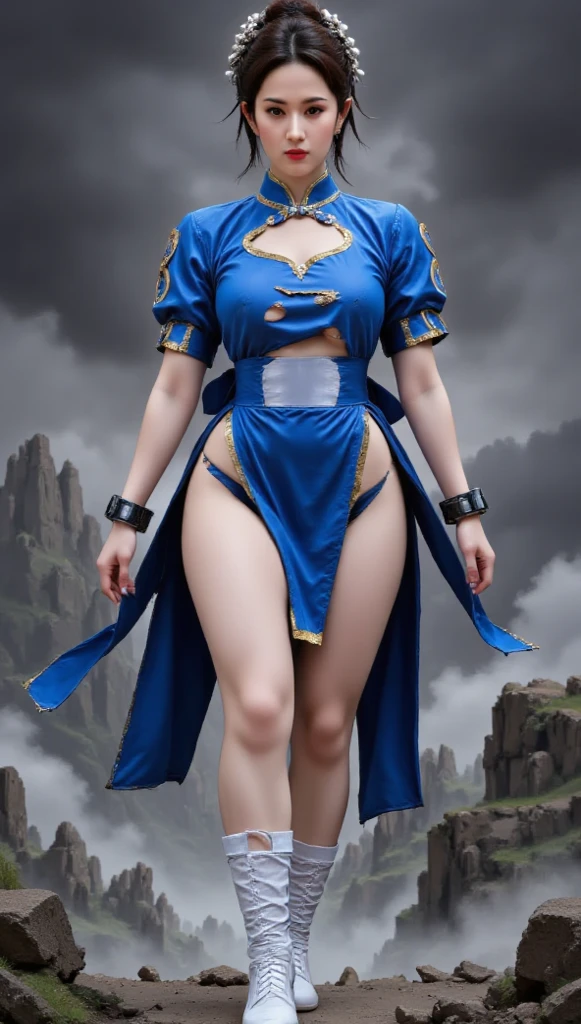 masterpiece, best quality, full body, barefoot, solo, female, big breast, Android 18, yellow bikini, hands on waist, navel, lustful smirking smiling, smile face (red blushed, red cheeks), metal shoulders, gold sleeveless armbands, black leather choker collar, shackle bracelets, pauldrons, breastplate, corset, eye focus, full body, whole body, loincloth standing, hands on hips, metal sandals, backpack, twin big belt, view from below, feet together, bracers, tiara