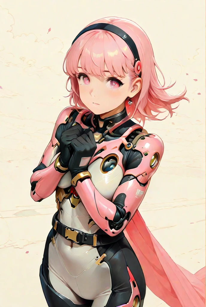 (((Pink Suit))), (((cabelo bob branco))), (((devilish smile))), (((melhor qualidade: 1.4))), (((Pink hair))), (((DuneWalker))), (((post-apocalypse))), (Unbeatable masterpiece), (hiper HD),(CG 8k hiper-realista), 1Garota armada em um mundo futurista usando roupas coloridas e modernas. Corte de cabelo ultra moderno, perfect body with robotic parts, seios grandes, bunda perfeita, muscles without exaggeration, rosto lindo com olhos azuis penetrantes, add textures to clothes and create something different from the usual, add accessories like garter belt, espartilho e luvas com listras, pele bronzeada e com brilho de molhado, industrial environment with giant heavy machines, Intricate machinery and giant robot parts