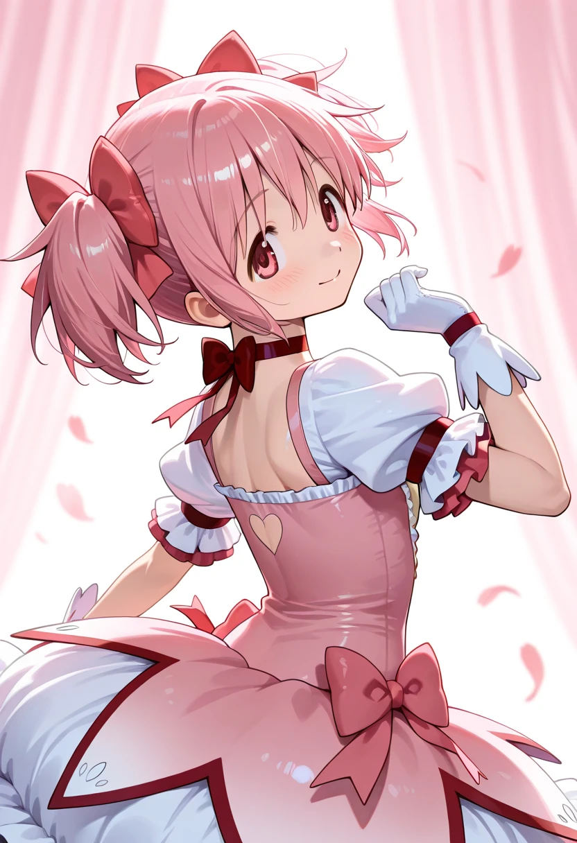 masterpiece, highest quality,excellent anatomy、1 girl cute girl, pink hair, tiny red thong, back view, looking back , light pink hair、heterochromia eyes、idol type、cute lime green dress、Heart-shaped shining eyes、a smile that charms you, perfect ass, big ass, stonkings, garter belt