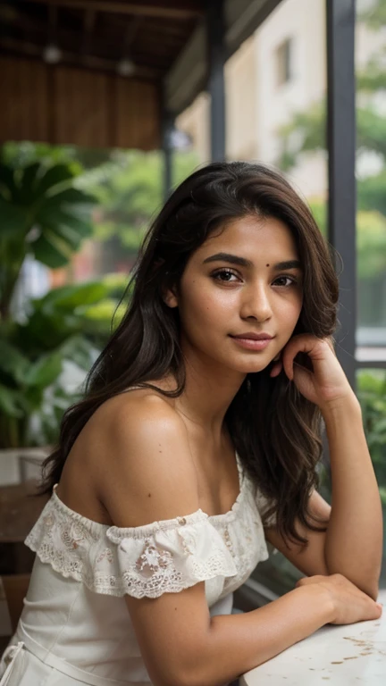 Indian girl, beautiful , smily face, wearing white frock, looking very simple desi girl, sexy pose, close look