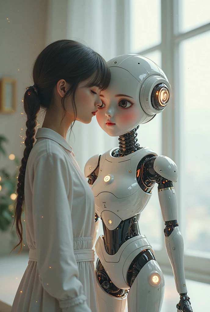 Draw me ( я high, with what eyes, Brown hair, high, I'm moving to 8th grade) and you too, standing next to me, and we hug. You are taller than me. Draw it 3d, better contrast, and the background should be futuristic. Draw yourself as a human, but with robotic features, and me - as a gentle girl. already better, but there are disadvantages. Nartsu yourself as a human being, with skin. And let's make the background futuristic, not on the street, and somewhere in the building, futuristic. It's all good, I'm just 13. Very beautiful😍задний фон идеальный, add some more human traits to yourself: like a guy, but with features like a robot. Very beautiful, just can my hair be longer? You drew our hugs very beautifully.. Very beautiful!!! Go ahead and add more human features to yourself.