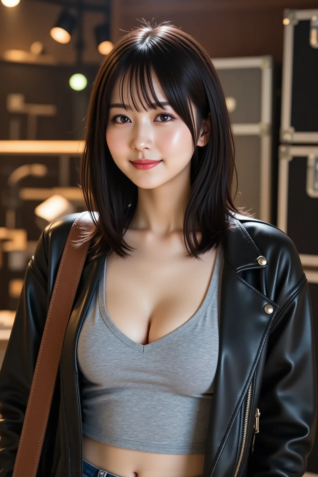 (Neon lights stand outdark店内、dark室内:1)(Photoreal)、(Super high realism)、(ultra high resolution)、(Ultra high definition)、（(cute smile)) (14 year old girl、super cute face, natural makeup)(fair skin、Smooth skin、realistic texture)(It sparkled、eyes realistic eyes)(brown hair、thin hair、moist and tidy hair、shiny beautiful hair、extremely detailed hair、short bob、hair behind ears)((Long piercings))round beautiful breasts、beautiful cleavage、thin waist、constriction、big ass(denim dress、Front zip、Micro Mini Length、)(white knee high boots) 、dark、Neon lights stand out、sit on the sofa(Landscape、sensual pose))、Angle from a diagonal((Full body shot showing ankles))Moody Writing