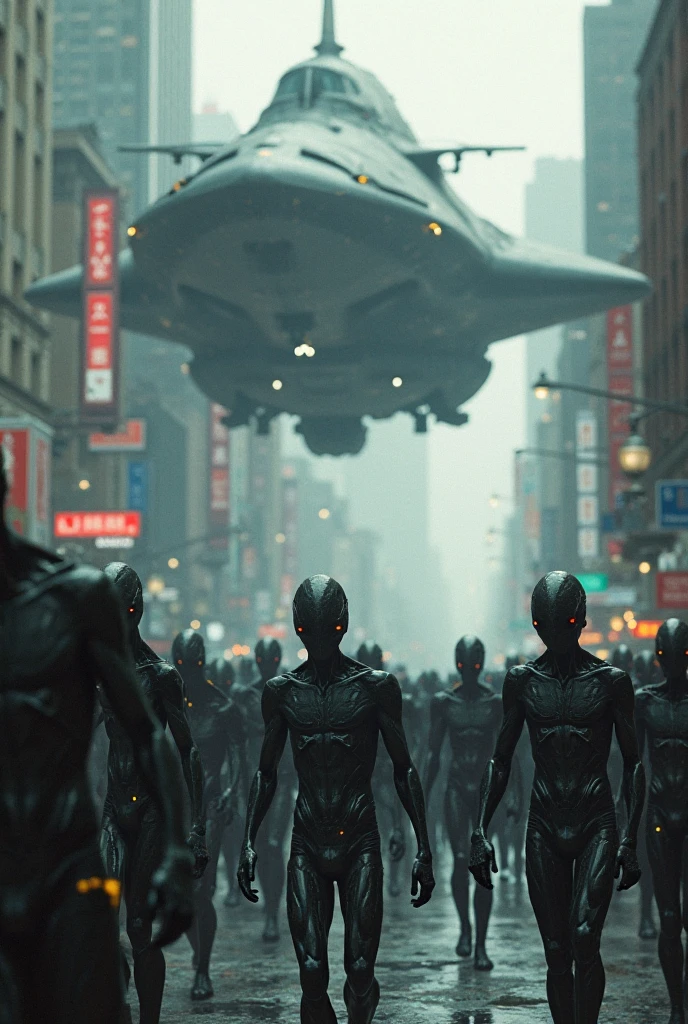 city humans and robots and aliens and reptilians walking fighting