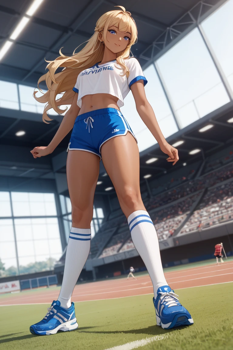 masterpiece, best quality, realistic, ultra detailed, sfw, 1girl, toned blonde high jumper in a stadium, high jump, competition, audience