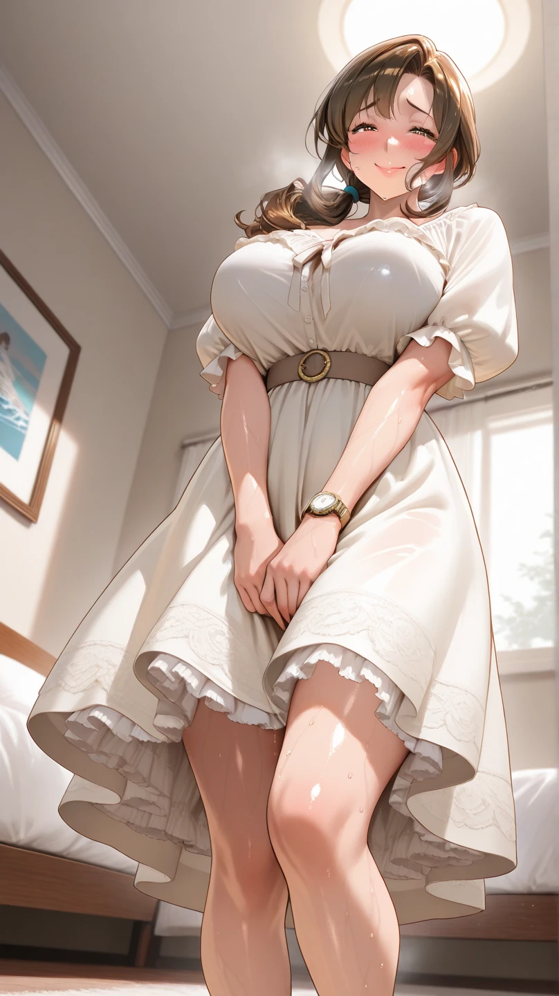 best quality ,masterpiece, realistic, 1girl, ,naughty face, milf wearing house dress,messy hair, sensual pose,great face,leaked, full body ,highres,very beautiful girl, beautiful,4k,anime