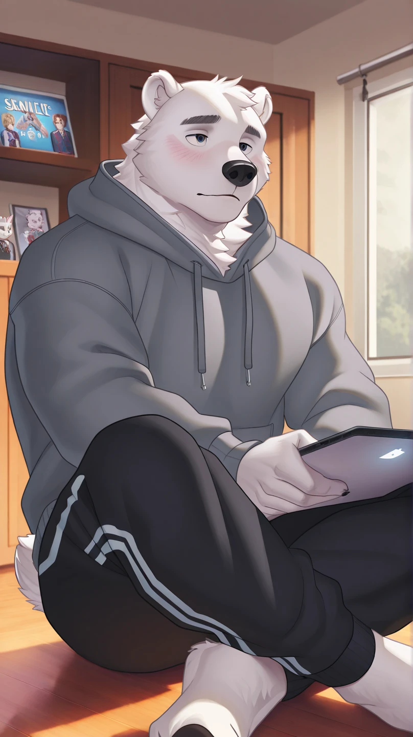 Solo, male, laying on couch in living room, hand on bulge, by bigcozyorca, by goonie-san, by bebebebebe, by spikedmauler, front view, big buff , Bear, Wearing a gray hooded sweatshirt, social fear, School dormitory with sunny background, Shyly averting eyes
