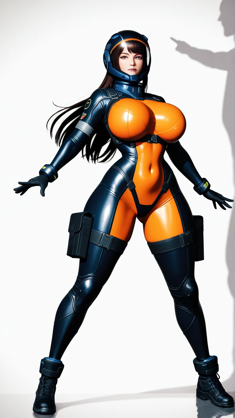 Modern simulation,cyberpunk-style environment wide angle shooting,Nighttime chaotic arcade shots; A woman in street clothes;Sci-fi, 3D. Environmental arcade art.,cyber punk perssonage,Firearms, gigantic breasts, slender abs, detailed face, beautiful, ((puffy lips)), big eyes, bodysuit, thigh highs, straps, ((3d render)), shiny skin, latex, red intricacies, perfect body, masterpiece, HD, long hair, ponytail, long hair bangs, ((cleavage cutout)),