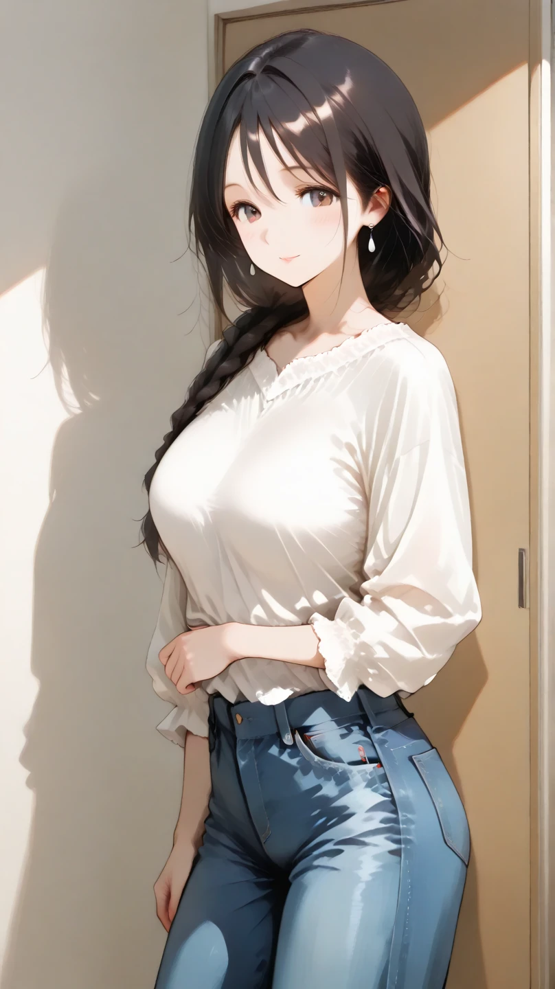 ((mizushima_asa)) (pink t-shirt, Blue Eyes, Big Breasts:1.5, short sexy jeans), bedroom, masterpiece, best quality