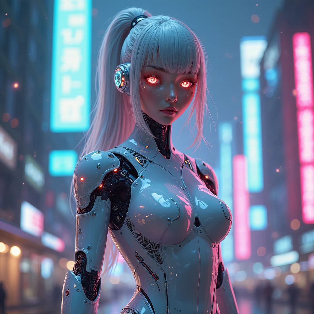 (8K), (best quality), (muste piece: 1.2) cyborg, android, robot, wiring, switch, Control panel, girl, , skeleton, Silver, 白Money, Money, bronze, red, green, green, Colorless and transparent, skeleton, legs open, electronics, bright, information Zodiac constellations and starry sky, Purple hue like a nebula, Vast space, (((Cyberpunk City at the Bottom)))、(Don't put text in the background: 1.2)、beautiful detailed face, pale skin, Realistic glowing skin, detailed cloth texture, detailed hair texture, perfect body, pretty face, correct, anatomically correct, Highly detailed face and skin texture