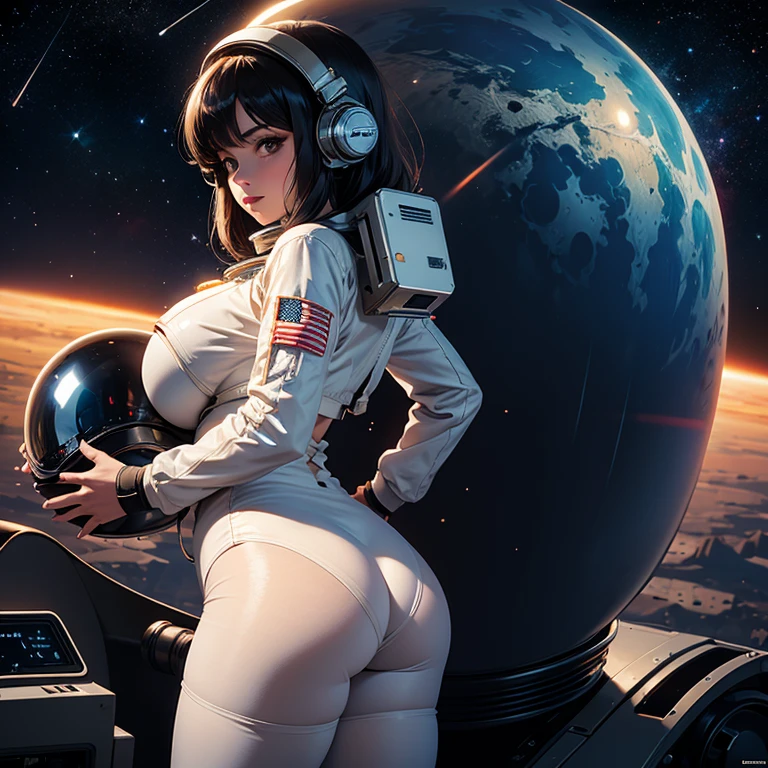 Big butt astronaut, with huge breast and a narrow waist in outer space